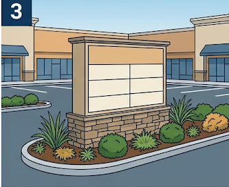 Freestanding monument sign with stone masonry base at the entrance of a commercial plaza with landscaping and parking lot visible