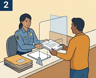 Business owner handing sign permit application documents to a city planning department staff member at the permit counter
