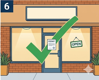 Storefront with properly installed and permitted sign, permit document posted on the door, and open for business sign displayed