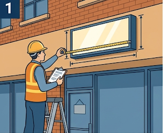 Inspector measuring a wall-mounted sign on a commercial building storefront with tape measure and clipboard