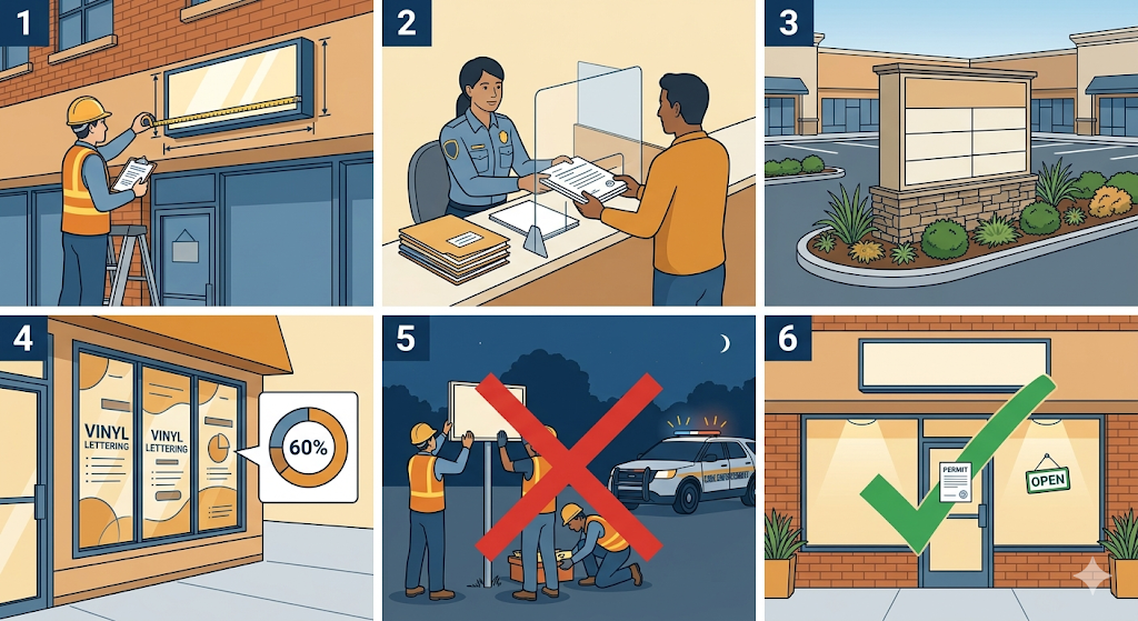 Six-panel illustration showing the business sign permit process: measuring signs, submitting permits at a city counter, monument signs, window vinyl coverage rules, enforcement violations, and a properly permitted open business