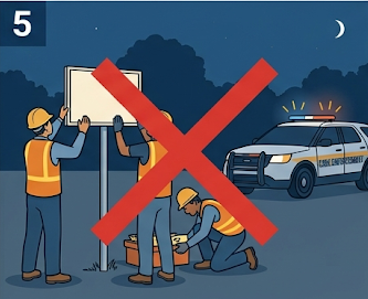 Workers installing a sign at night without a permit while a code enforcement vehicle arrives in the background
