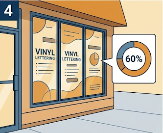 Storefront window with vinyl lettering and graphics showing a coverage percentage indicator used to determine permit requirements